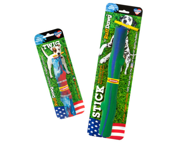 Ruff Dawg's Stick and Twig crunch rubber dog toys in package.