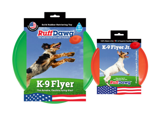 packaged flying disc dog toys in 2 sizes, regular and junior by Ruff Dawg